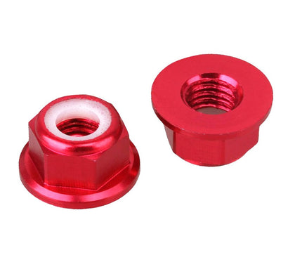 Aluminum M6 nuts with smooth flange and nylon retainer. CW/CCW threads