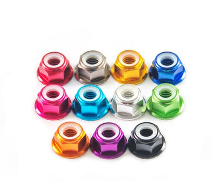 M5 aluminum nuts with smooth flange and nylon retainer. CW/CCW threads